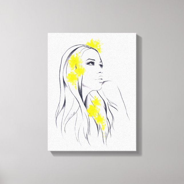 Kvinna ansikte Gula blommor Mode illustrationskons Canvastryck (Framsida)