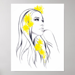 Kvinna ansikte Gula blommor Mode illustrationskons Poster