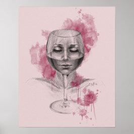 Kvinna ansikte i vin glastockar, teckning konst poster