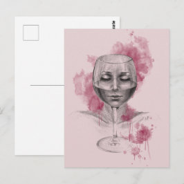 Kvinna ansikte i vin glastockar, teckning konst vykort