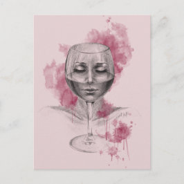 Kvinna ansikte i vin glastockar, teckning konst vykort