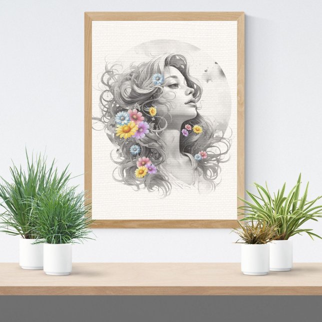 Kvinna Ansikte Med Blommor Texturerad Effekt Poster (Skapare uppladdad)