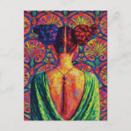 Kvinna Bakifrån Färgglada Buns Blommönster Vykort