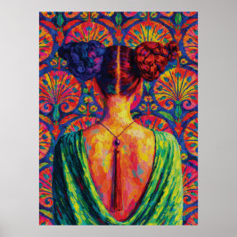 Kvinna Bakifrånvy Färgglada Knutar Blommönster Poster