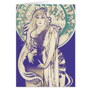 Kvinna Bernhardt för teater för vintageMucha art OBS Kort