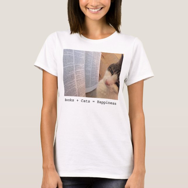 Kvinna bokar + Katter = lyckautslagsplats T-shirt (Framsida)
