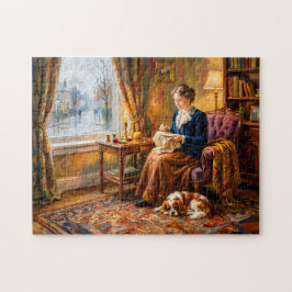 Kvinna broderar vid fönster med Cavalier King Char Pussel
