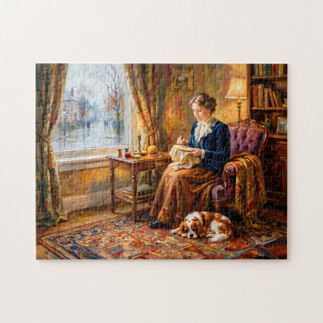 Kvinna broderar vid fönster med Cavalier King Char Pussel (Horisontell)