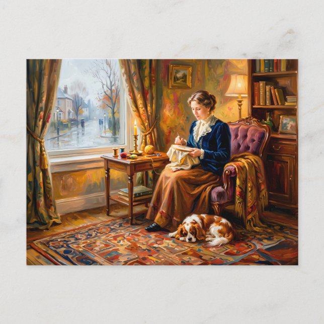 Kvinna broderar vid fönster med Cavalier King Char Vykort (Framsida)