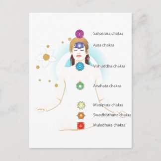 kvinna chakra text symboler sittande lotus yoga yo vykort