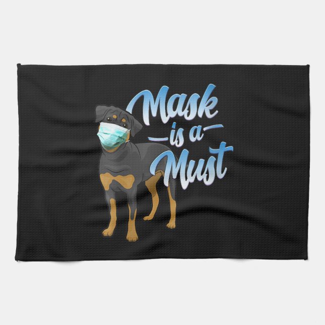 Kvinna Cute Rottweiler Dog med mask - Använd ansik Kökshandduk (Horisontell)