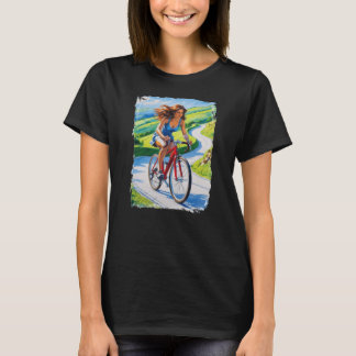 Kvinna cyklar i vacker natur t shirt