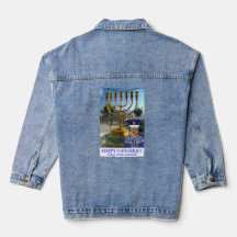 kvinna denim jacka. Lycklig Hanukkah. lejon