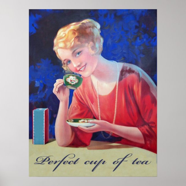 Kvinna dricker perfekt kopp te, vintage poster (Framsidan)