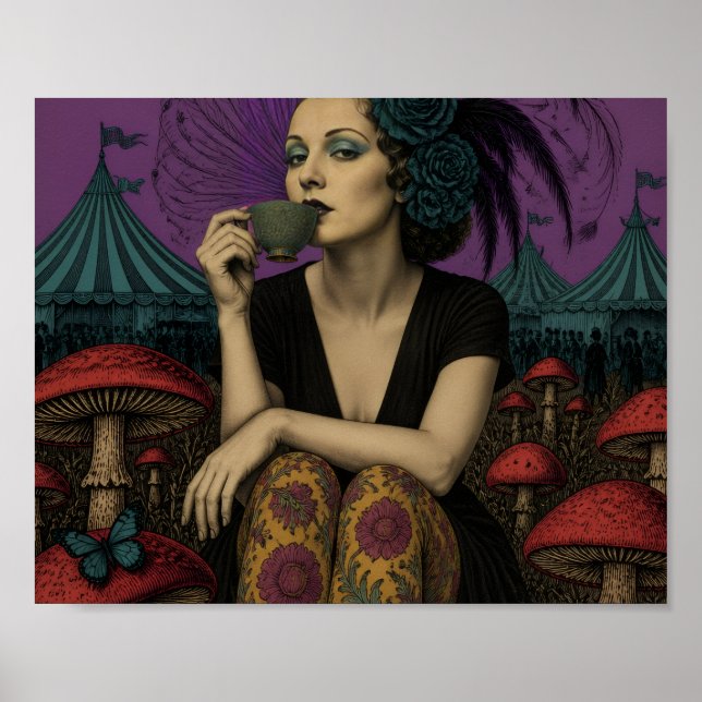 Kvinna dricker te på cirkus poster (Framsidan)