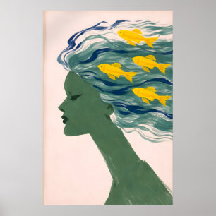 Kvinna Fisk Hår Affisch, Surrealistiskt Havsporträ Poster