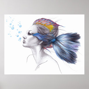 Kvinna fisk Havsfrusigill porträtt Surrealistisk t Poster