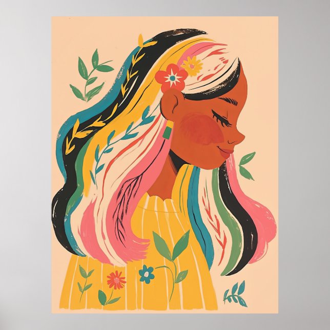 Kvinna Flicka Söt Boho Blommig Illustration Poster (Framsidan)