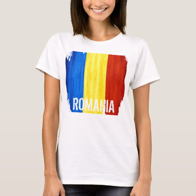Kvinna för rumänienlandflagga inpassade T-tröja Tee Shirt (Framsida)