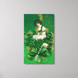 Kvinna för St Patrick dagsouvenir på klöverplat Canvastryck