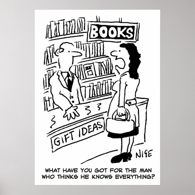 Kvinna frågar i en bokhandel. Rolig bokhandel Poster (Framsidan)