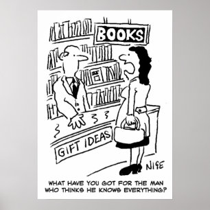 Kvinna frågar på en bokhandel. Lustig bokbutik Poster
