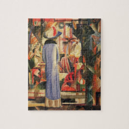 Kvinna framför ett köpfönster före augusti-maken pussel