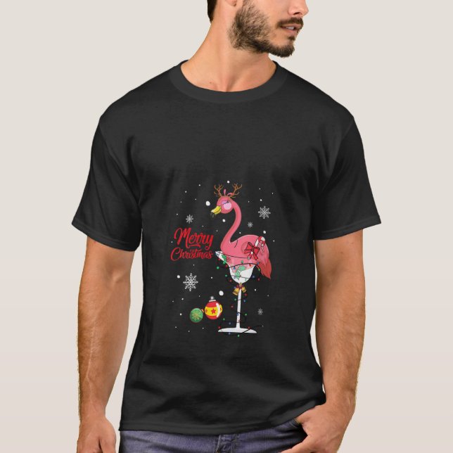 Kvinna God jul Rosa Flamingo Vin Drinking T Shirt (Framsida)