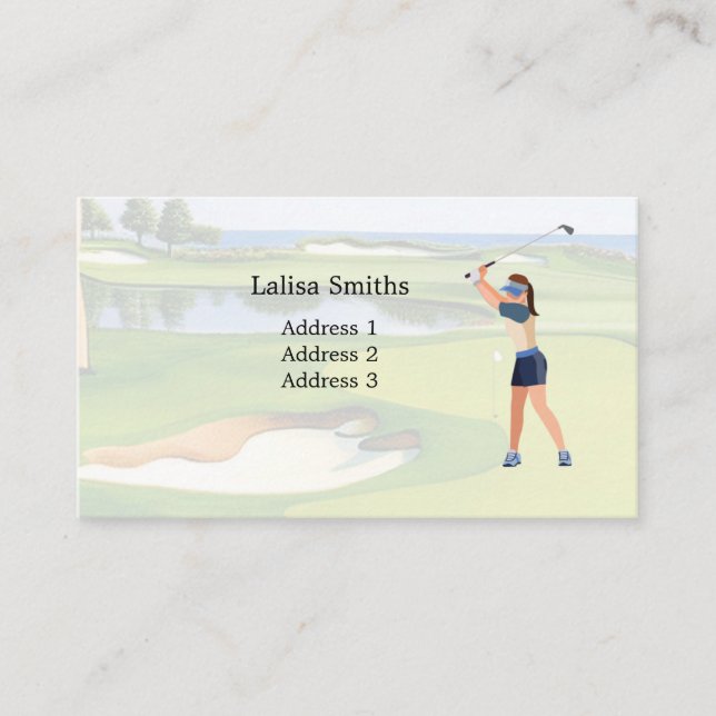 Kvinna golfer är golfbaner affärskort visitkort (Framsida)