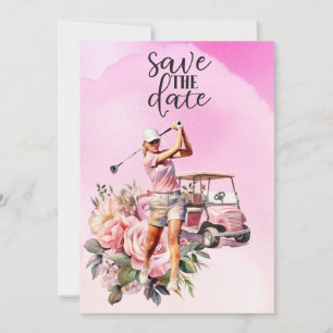 Kvinna golfer med rosa golfvagn på rosa inbjudningar