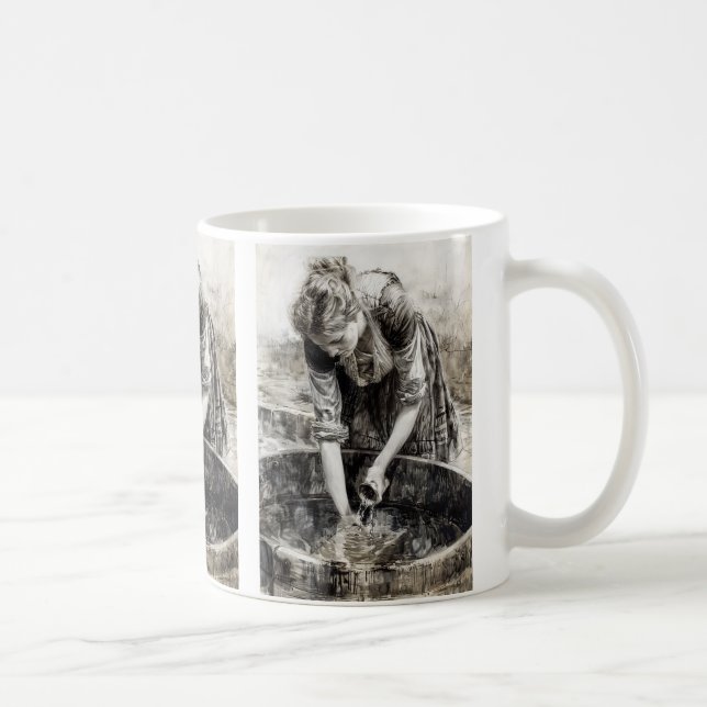 Kvinna hämtar vatten kaffemugg (Höger)