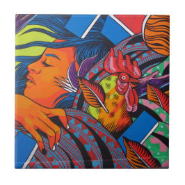 Kvinna- & hönaväggväggmålning kakelplatta