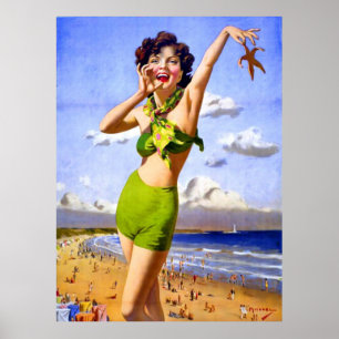 Kvinna i baddräkt på stranden poster