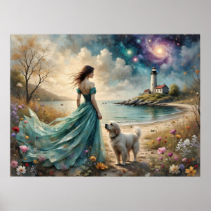Kvinna i blå klänning på stranden med hund, fyr. poster