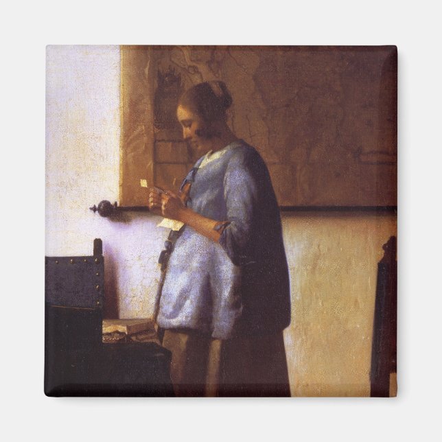 Kvinna i blå läsning Brev Magnet (Framsidan)