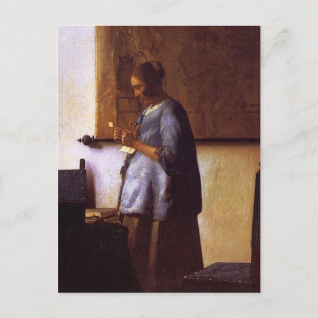 Kvinna i blå läsning Brev Vykort (Framsida)