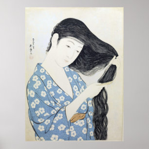 Kvinna i blått som kammar sitt hår, japansk konst poster