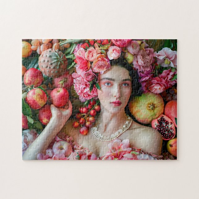 Kvinna i blommig klänning med frukt display pussel (Horisontell)
