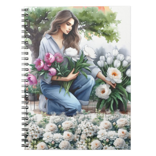 Kvinna i blomsterträdgårdsjournal anteckningsbok (Framsidan)