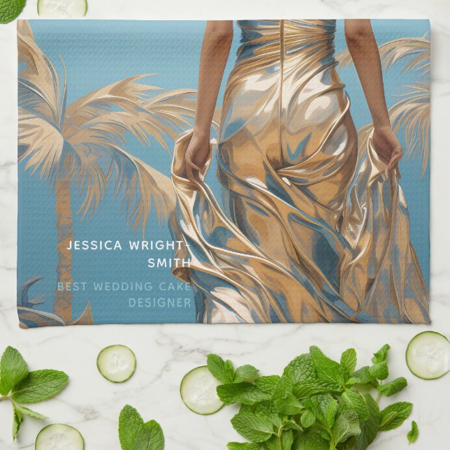 Kvinna i Champaigne färg klänningsblå estetik Kökshandduk (Vikta)