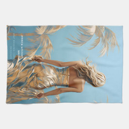 Kvinna i Champaigne färg klänningsblå estetik Kökshandduk