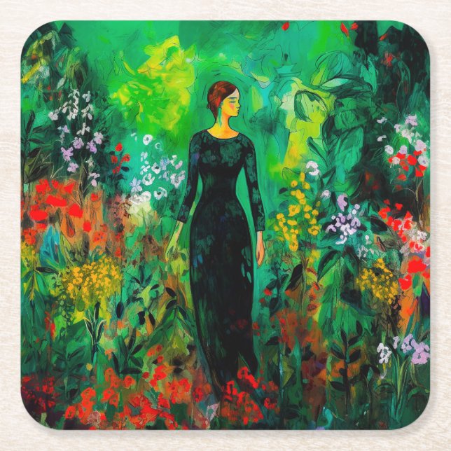 Kvinna i den vackra Grönten Meadow Underlägg Papper Kvadrat (Framsidan)