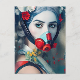 Kvinna i en gasmask och blommor vykort