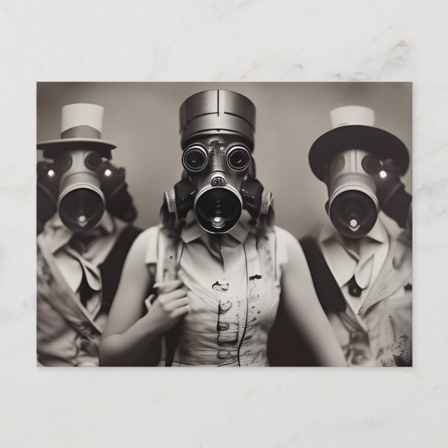 Kvinna i en gasmask postkort vykort (Framsida)