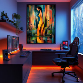 Kvinna i en gul klänning - kubistisk minimalistisk poster