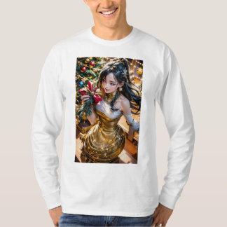 kvinna i en guld-klänning som håller röd ros framf t shirt