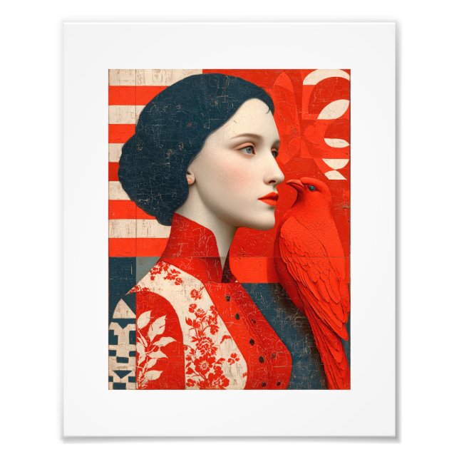 Kvinna i en röd blommigt och en röd fågel fototryck (Framsidan)