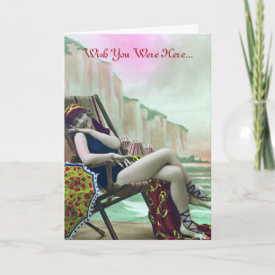 Kvinna i ett Bathing Kostym Vintage Card Kort