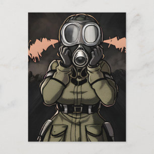 Kvinna i ett vykort för gasmask