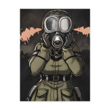 Kvinna i ett vykort för gasmask